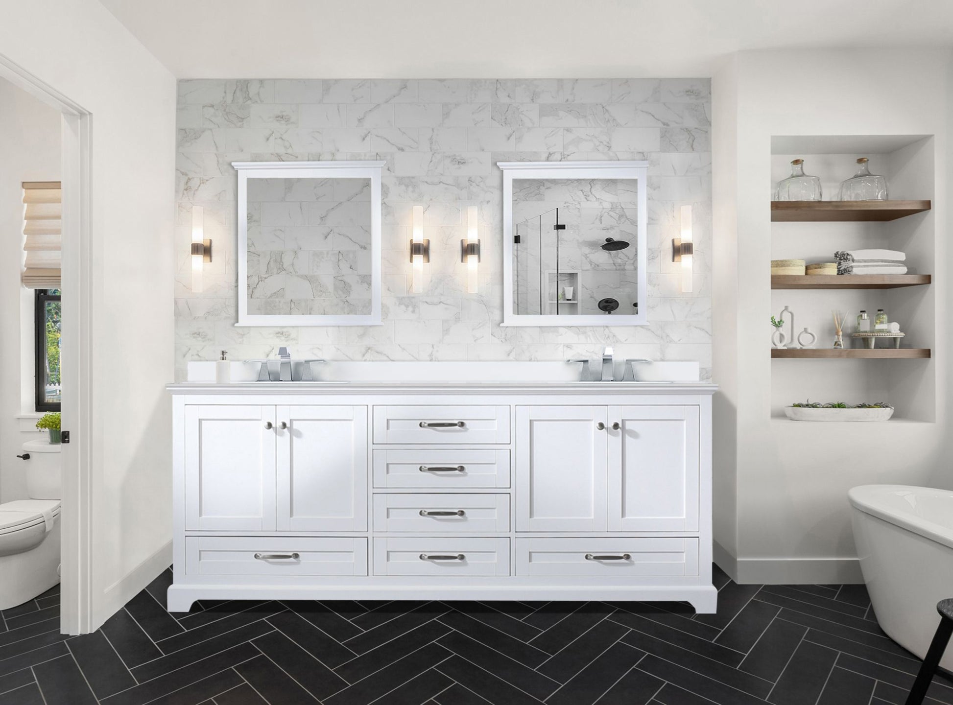 White Double Bath Vanity 80 In. W X 22 In. D, With White Quartz Top White Plywood Wood