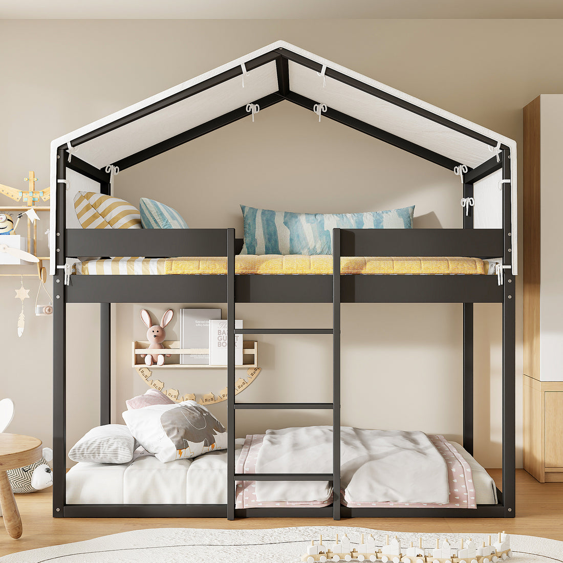 Twin Over Twin Wood Bunk Bed With Tent, Espresso Old Sku:Lt000708Aap Espresso Solid Wood