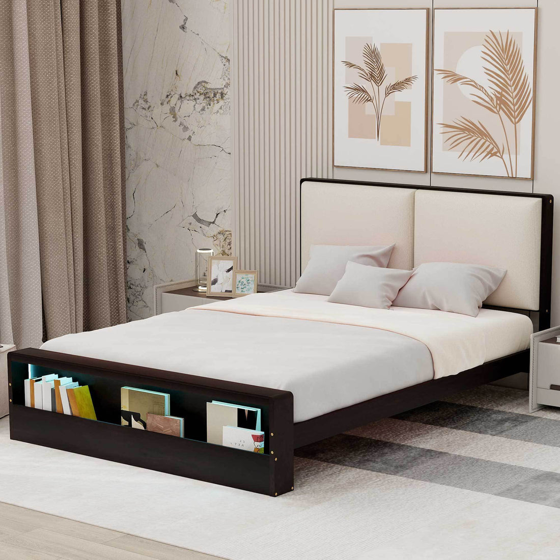Queen Size Platform Bed Frame With Upholstery Headboard And Bookshelf In Footboard And Led Light Strips, Espresso Queen Espresso Solid Wood Mdf