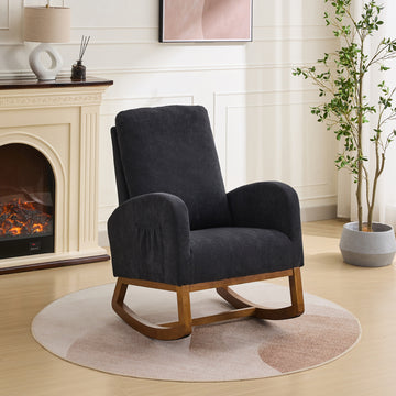 27.2"W Rocking Chair For Nursery, Polyester Glider Chair With High Back And Side Pocket, Rocking Accent Armchair With Rubber Wood Legs For Living Room Bedroom.Black Black Polyester