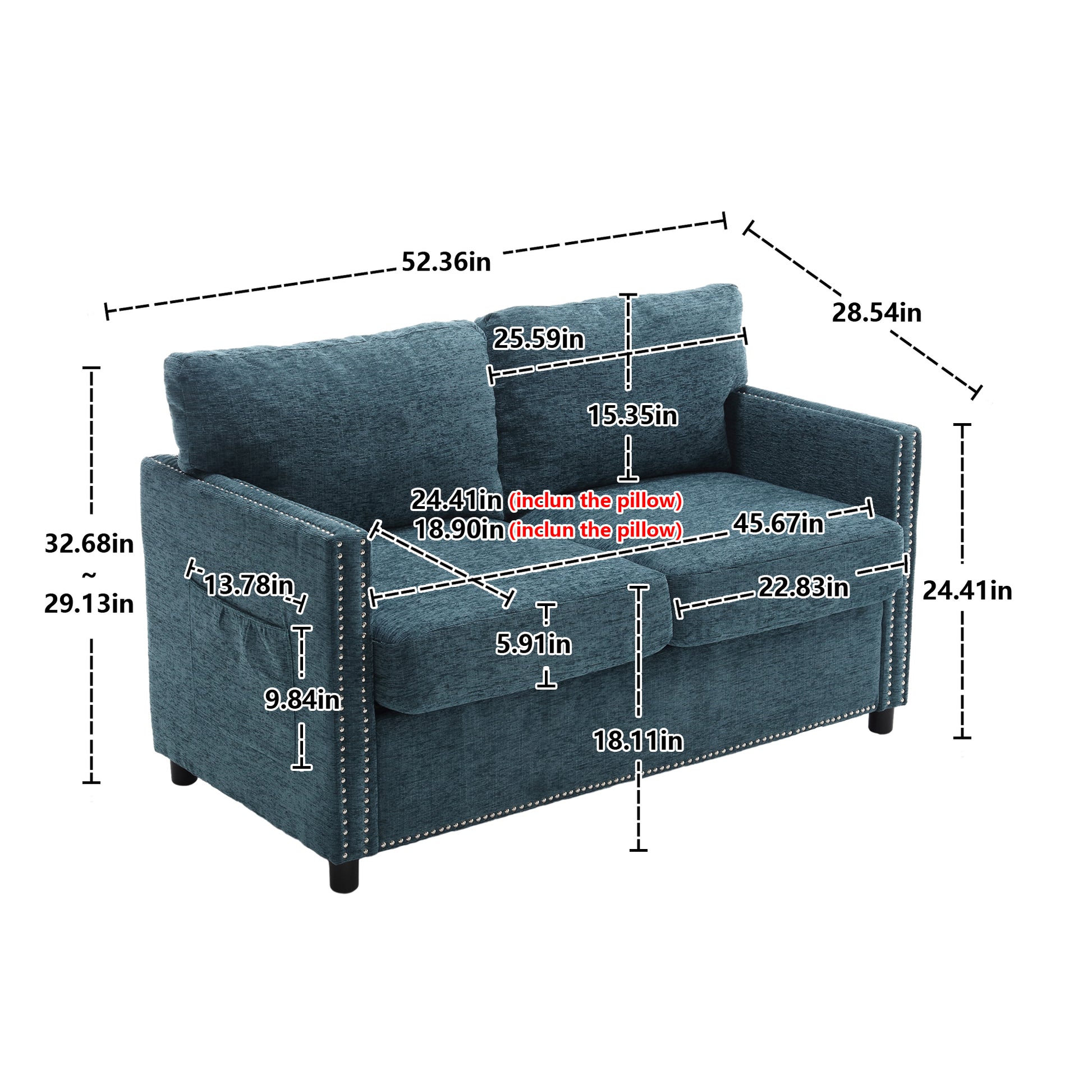 United Modern Chenille Fabric Loveseat, 2 Seat Upholstered Loveseat Sofa Modern Couch Mint Green Chenille 2 Seat