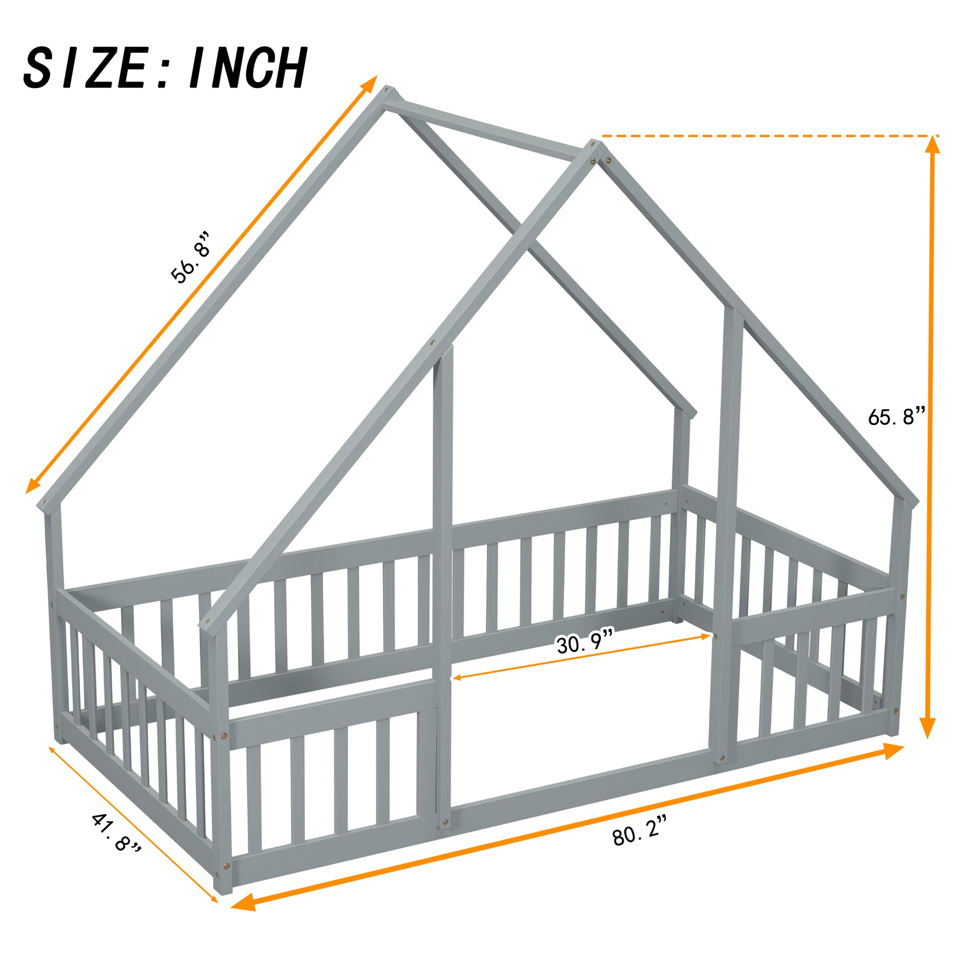 Twin Wood House Shaped Floor Bed With Fence, Guardrails ,Grey Twin Grey American Design Pine