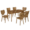 Vintage 7 Piece Dining Table Set With 6 Dining Chairs,Kitchen Table Set For 6 With Curved Back And Seat, Brown Wood Dining Room Solid Wood Rubberwood Rectangular Dining Table With Chair Upholstered Chair Wood Brown Seats 6 Farmhouse Curved 4 Leg Rubber