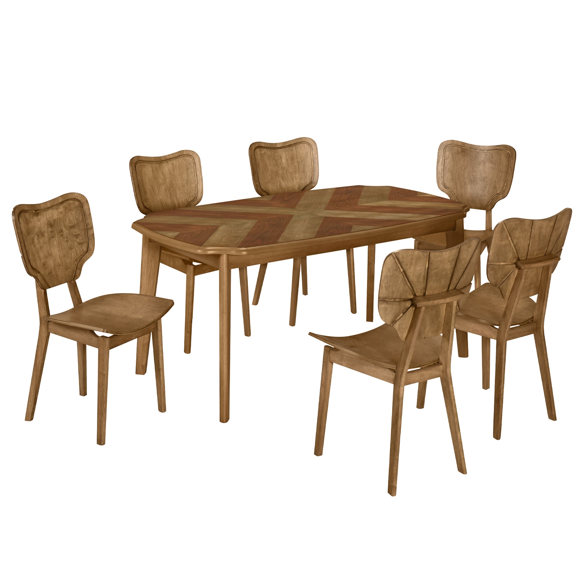 Vintage 7 Piece Dining Table Set With 6 Dining Chairs,Kitchen Table Set For 6 With Curved Back And Seat, Brown Wood Dining Room Solid Wood Rubberwood Rectangular Dining Table With Chair Upholstered Chair Wood Brown Seats 6 Farmhouse Curved 4 Leg Rubber