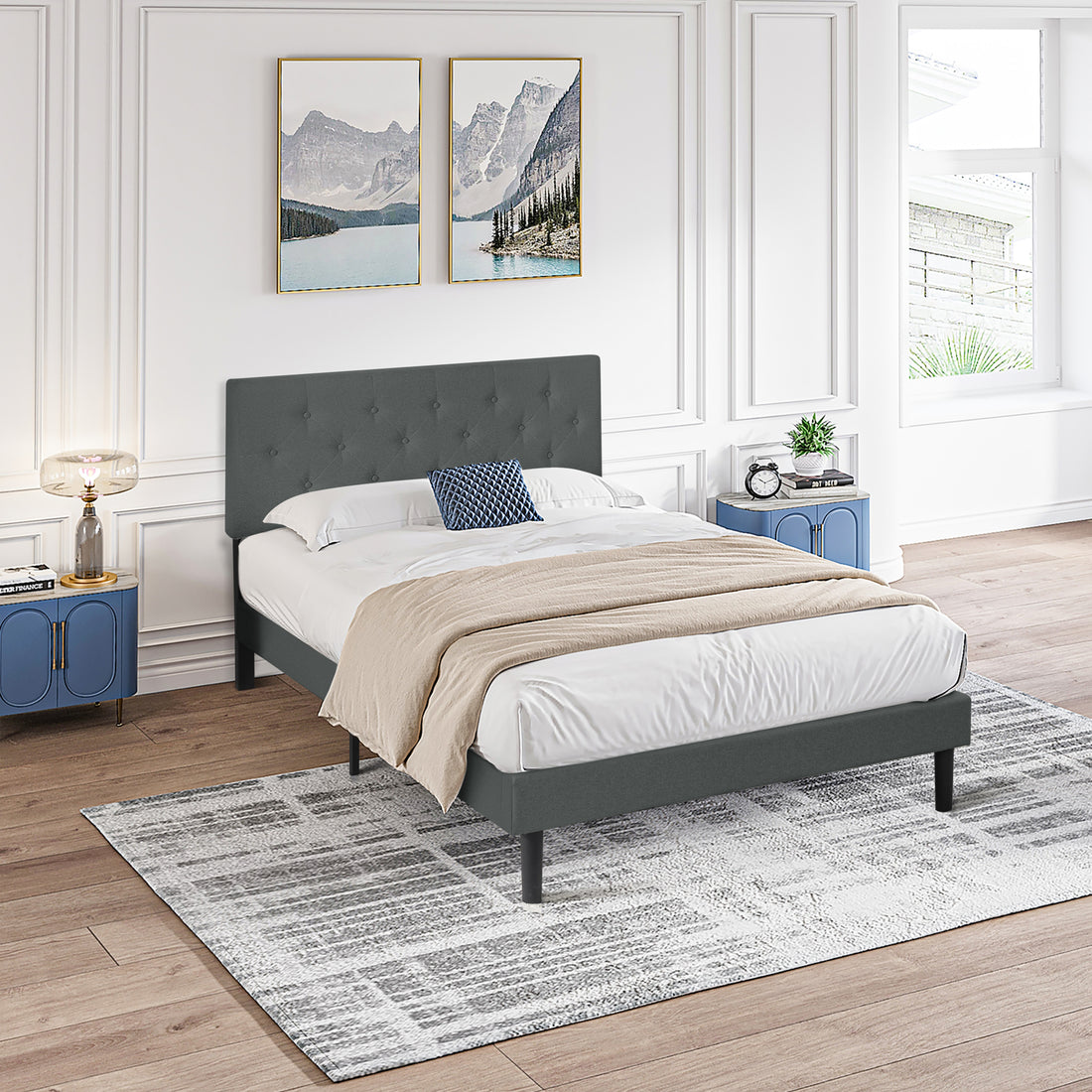 Queen Size Upholstered Platform Bed Frame With Modern Button Tufted Linen Fabric Headboard, No Box Spring Needed, Wood Slat Support, Easy Assembly, Dark Grey Queen Dark Gray Linen