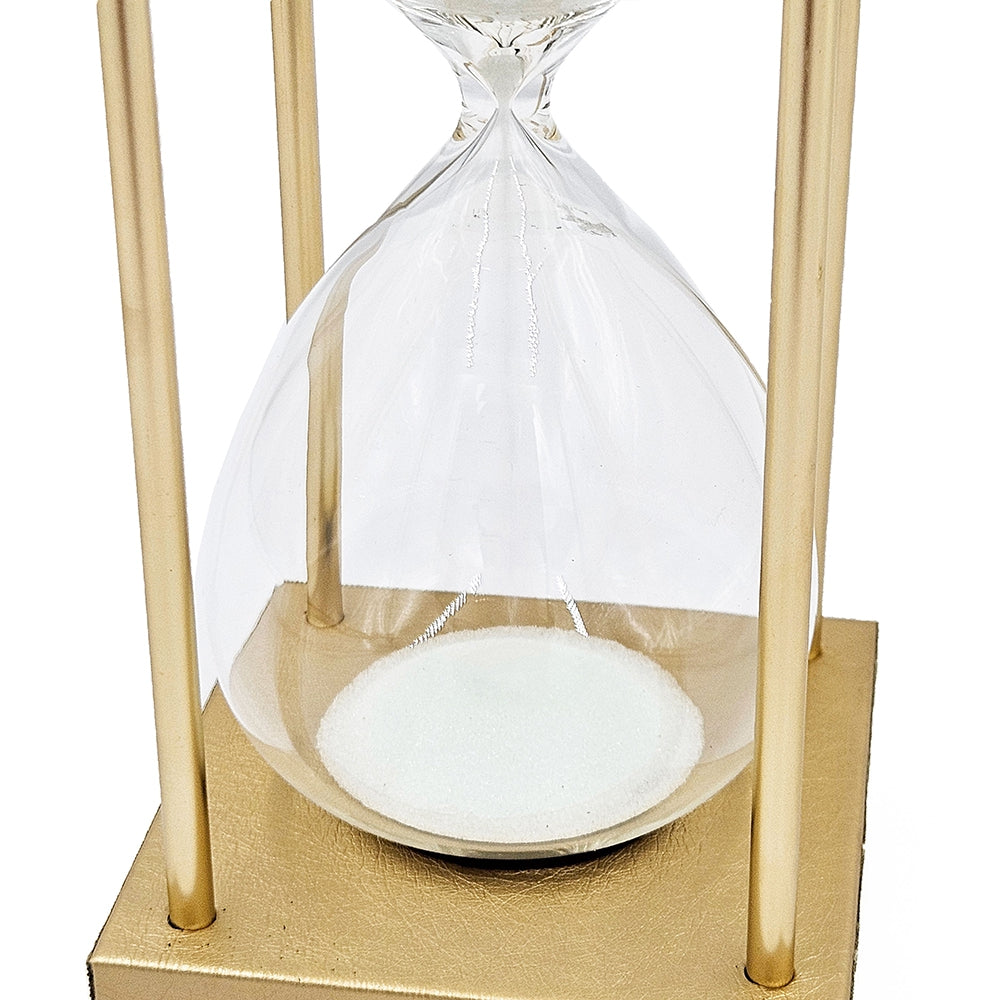 10" Papin Natural 30 Minute Hourglass, Framed With An Metal Stand, Gold&White Gold,White Pu Leather,Wood Metal Glass