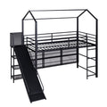 Twin Size House Metal Loft Bed With Iron Mesh Shelves And Slide,Black Black Metal