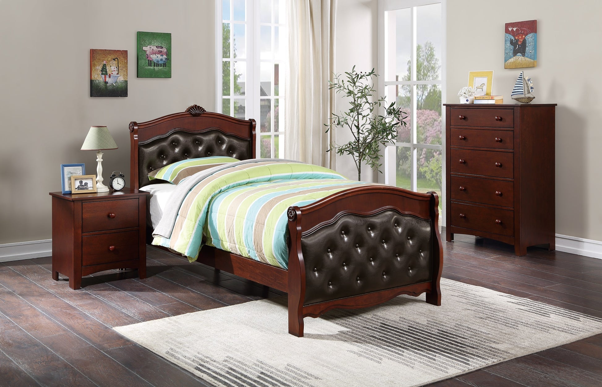 Dark Cherry Twin Size Bed Youth Bedroom Furniture Espresso Faux Leather Headboard Footboard Plywood 1Pc Bedframe Box Spring Required Twin Cherry Wood Bedroom Classic,Traditional Pine Bed Frame Faux Leather Plywood