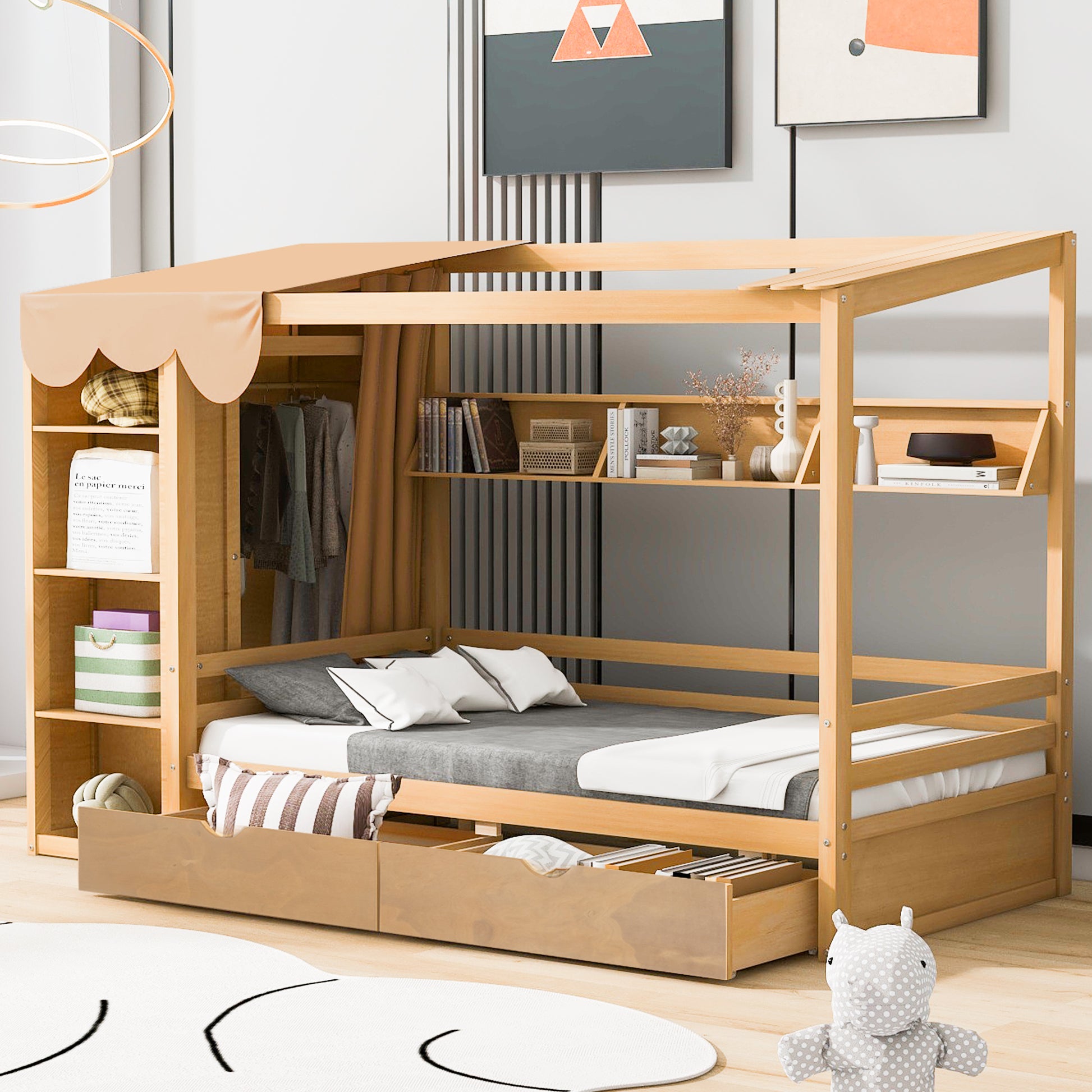 Twin Size House Bed With Two Drawers And Wardrobe,Natural Twin Natural Solid Wood