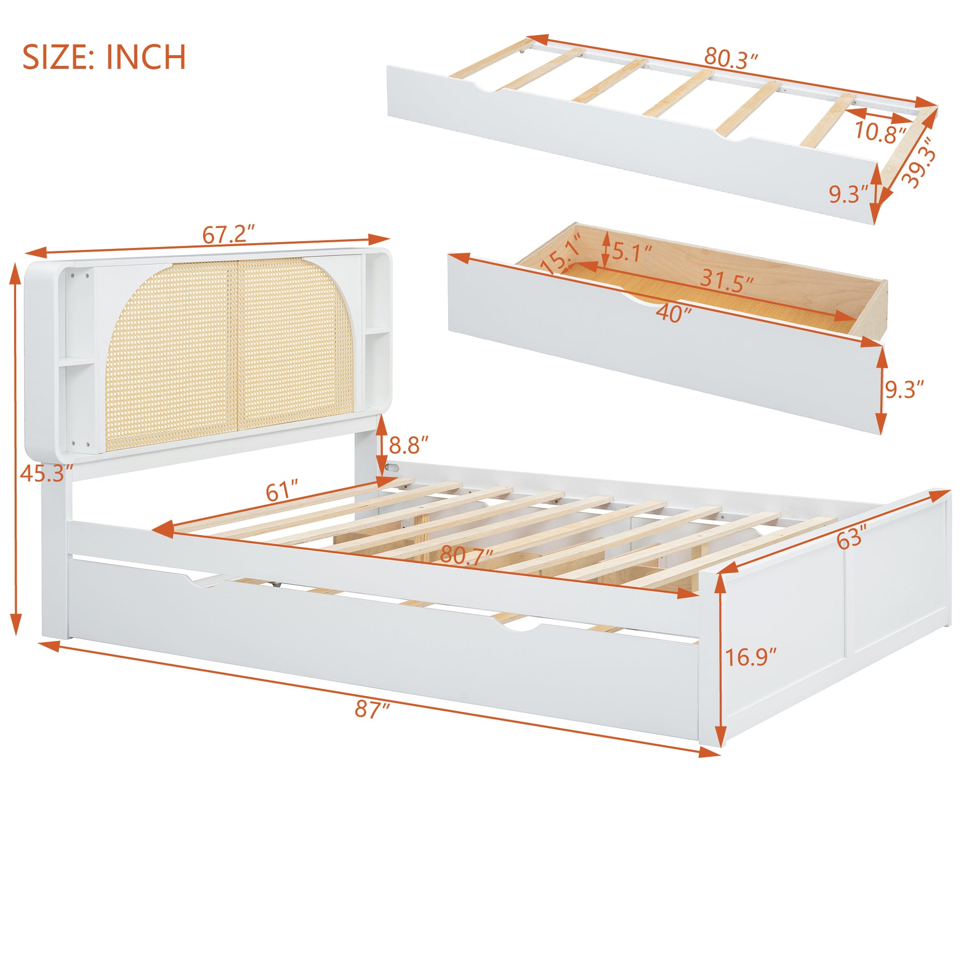 Queen Size Rattan Headboard Bed With Two Drawers And Trundle, White Queen White Solid Wood Mdf