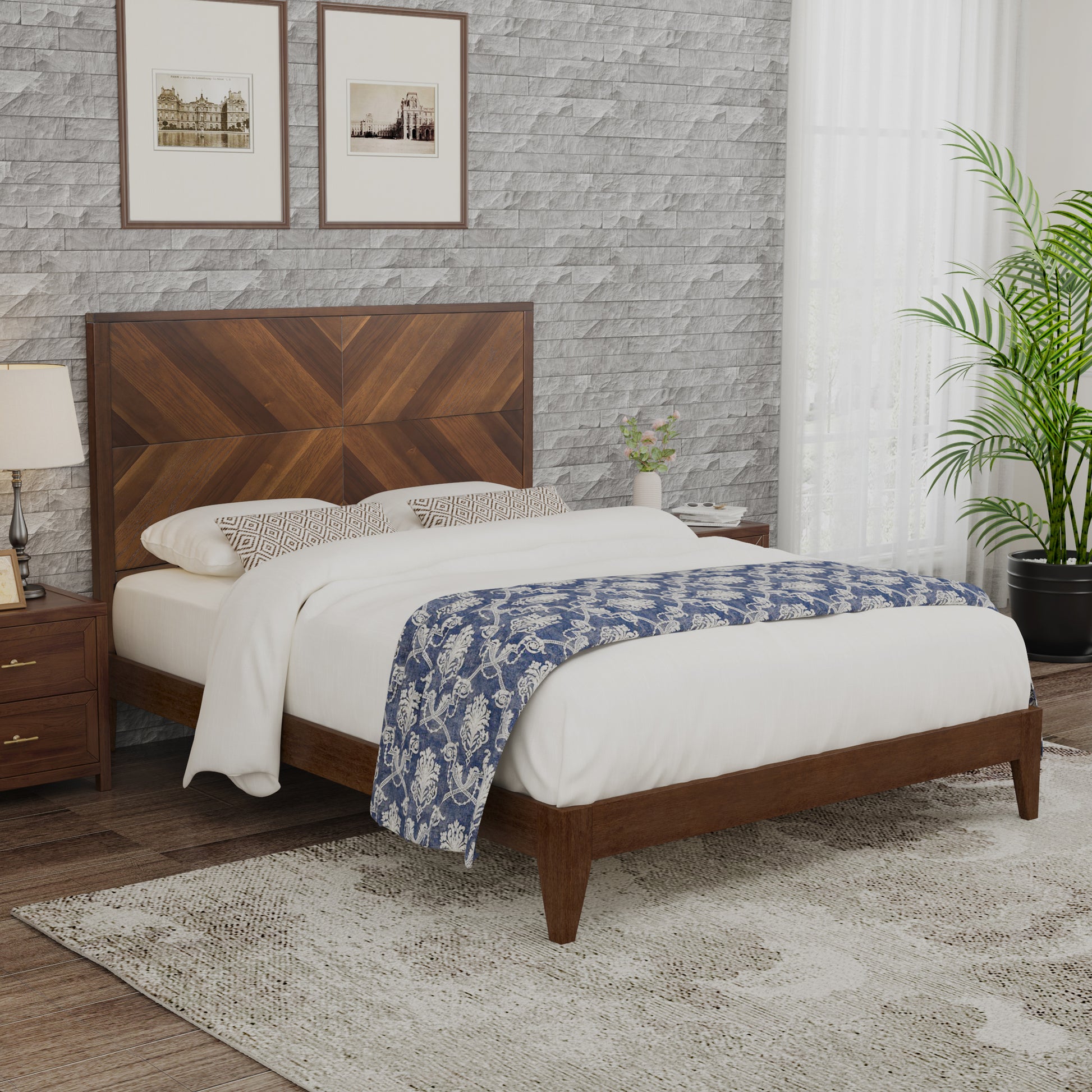 Mid Century Modern Platform Bed Wood Slat Support With No Box Spring Needed,Queen, Walnut Box Spring Not Required Queen Walnut Wood Bedroom Mid Century Modern Bed Frame Wood