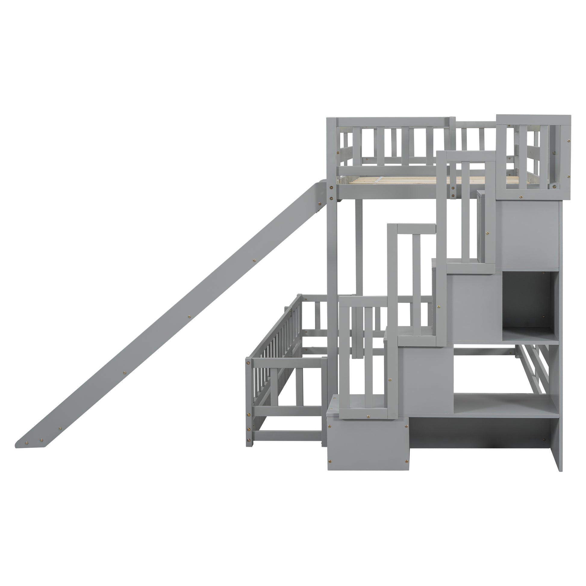 Twin Over Full Bunk Bed With Slide, Storage Staircase, Pine Solid Wooden Bunk Bed With Safety Guardrails ,Grey Grey Pine