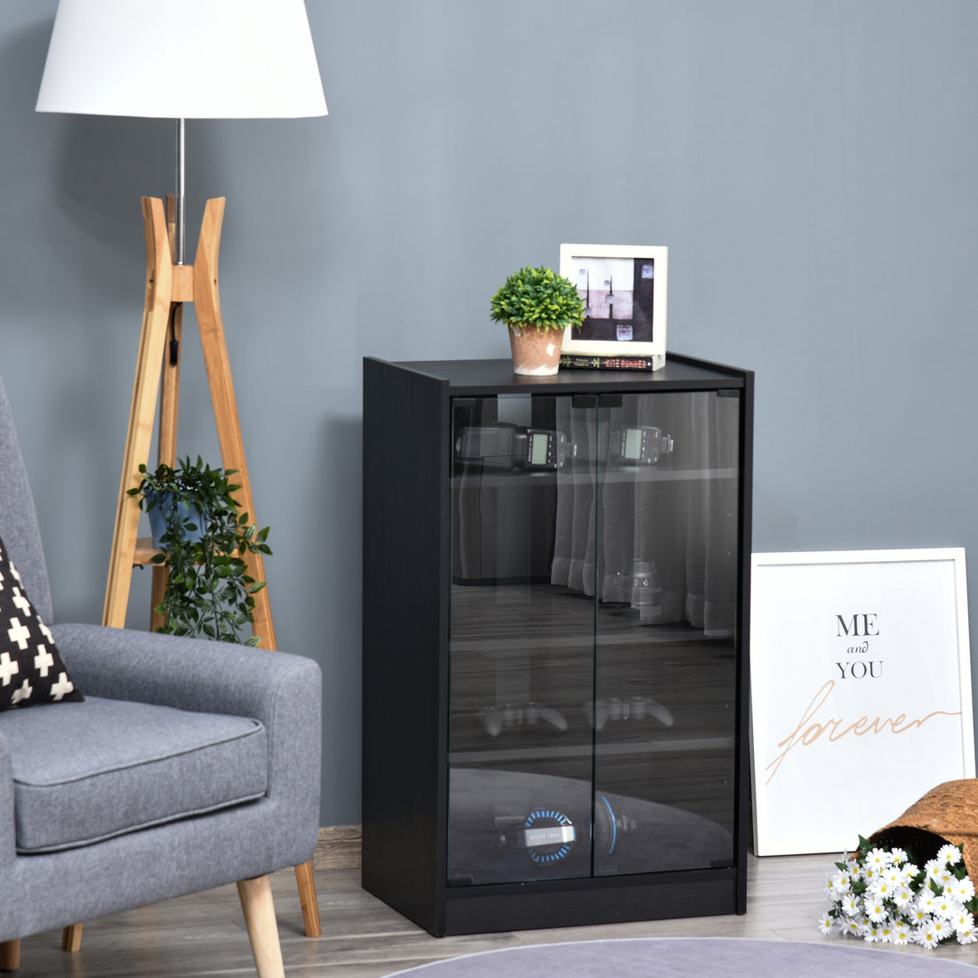 Homcom 5 Tier Media Stand Cabinet With 3 Level Adjustable Shelves, Tempered Glass Doors, And Cable Management, Distressed Black Distressed Black Particle Board