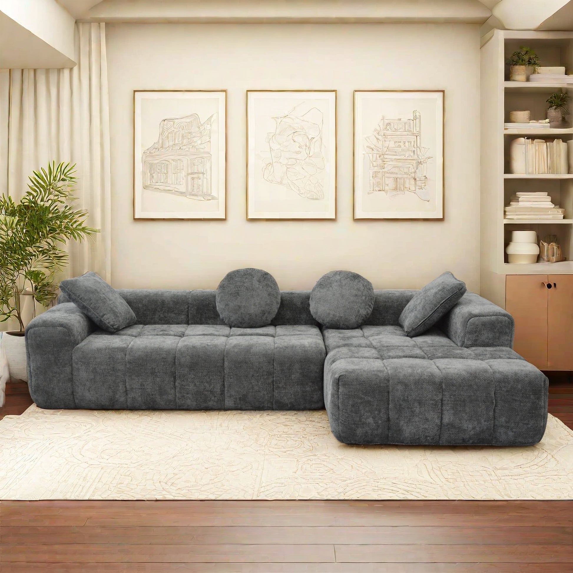 L Shaped Modular Modern Compressed Gray Sofa,Comfy Corduroy Fluffy Couch With Deep Seat,No Assembly Required Couch For Living Room Gray Linen Wood Primary Living Space Soft Cushion Back Extra Heavy