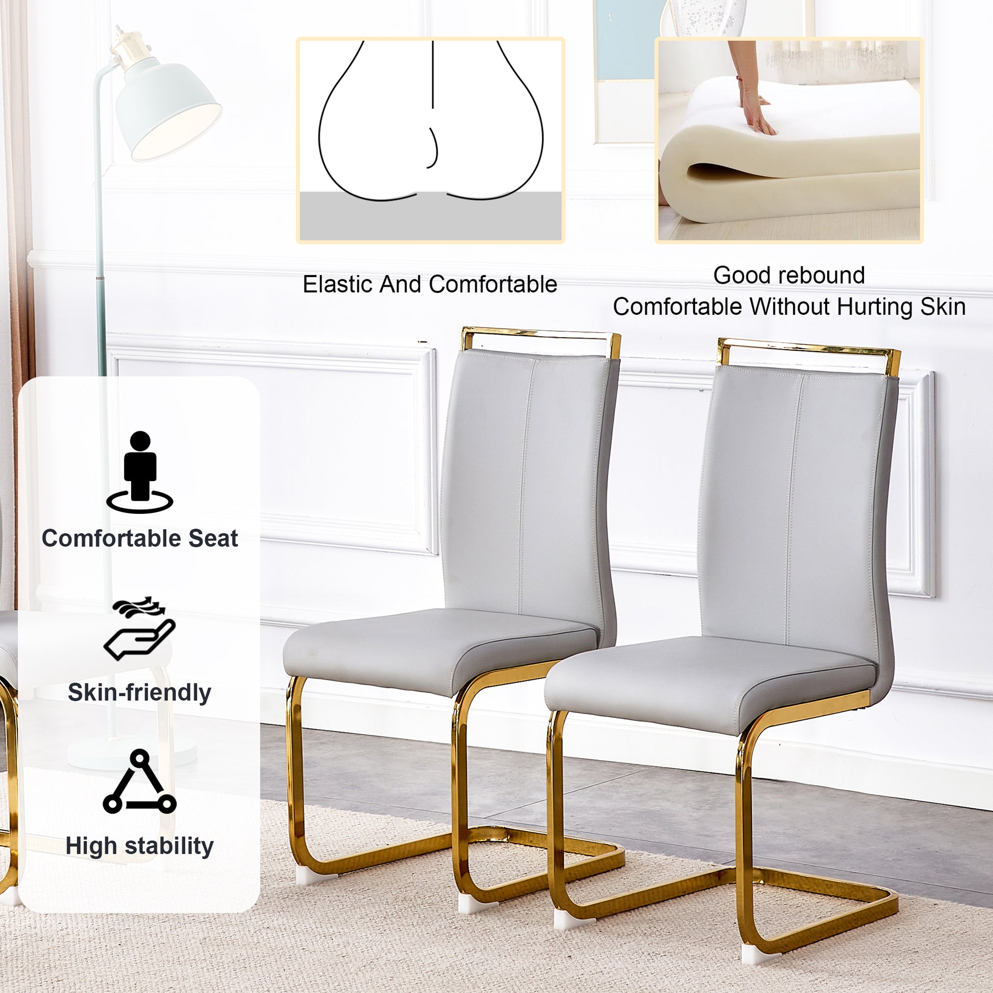 Table And Chair Set.Modern Rectangular Dining Table With Black Textured Stickers Glass Tabletop And Gold Plated Metal Legs.Paried With 6 Comfortable Chairs With Pu Seats And Golden Metal Legs. Gold,Light Gray Seats 6 Glass Metal