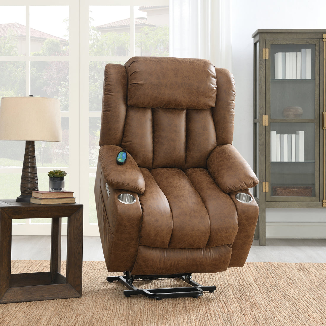 Omarion Power Recliner W Lift, Heating & Massage, Brown Leather Aire Lv02997 Brown Upholstered