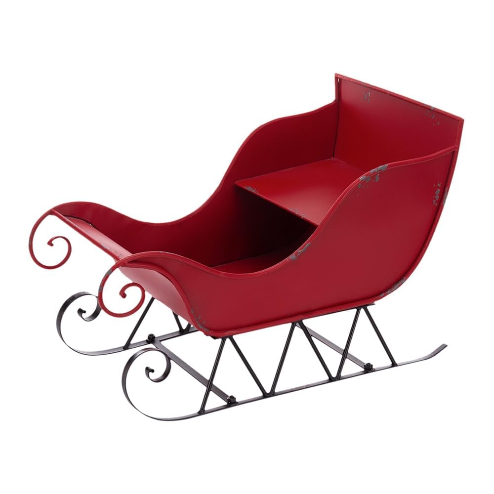 25X13.5X17.5"H Iron Red Black Sleigh Medium, Distressed Christmas Santa Sleigh Holiday Decoration Black Red Iron