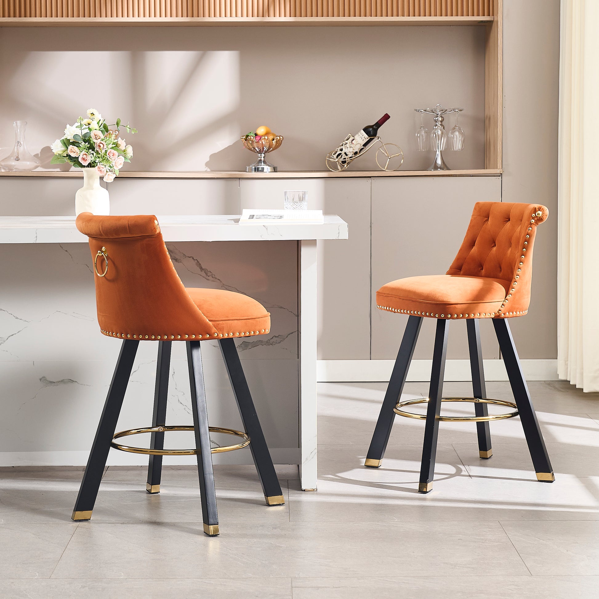 Coolmore Set Of 2,Back Pull Point Design, Velvet Material, 360 Degree Rotation, Back Pull Loop Detachable Design, Rivet Decoration, Square Foot Wooden Bar Chair Orange Velvet