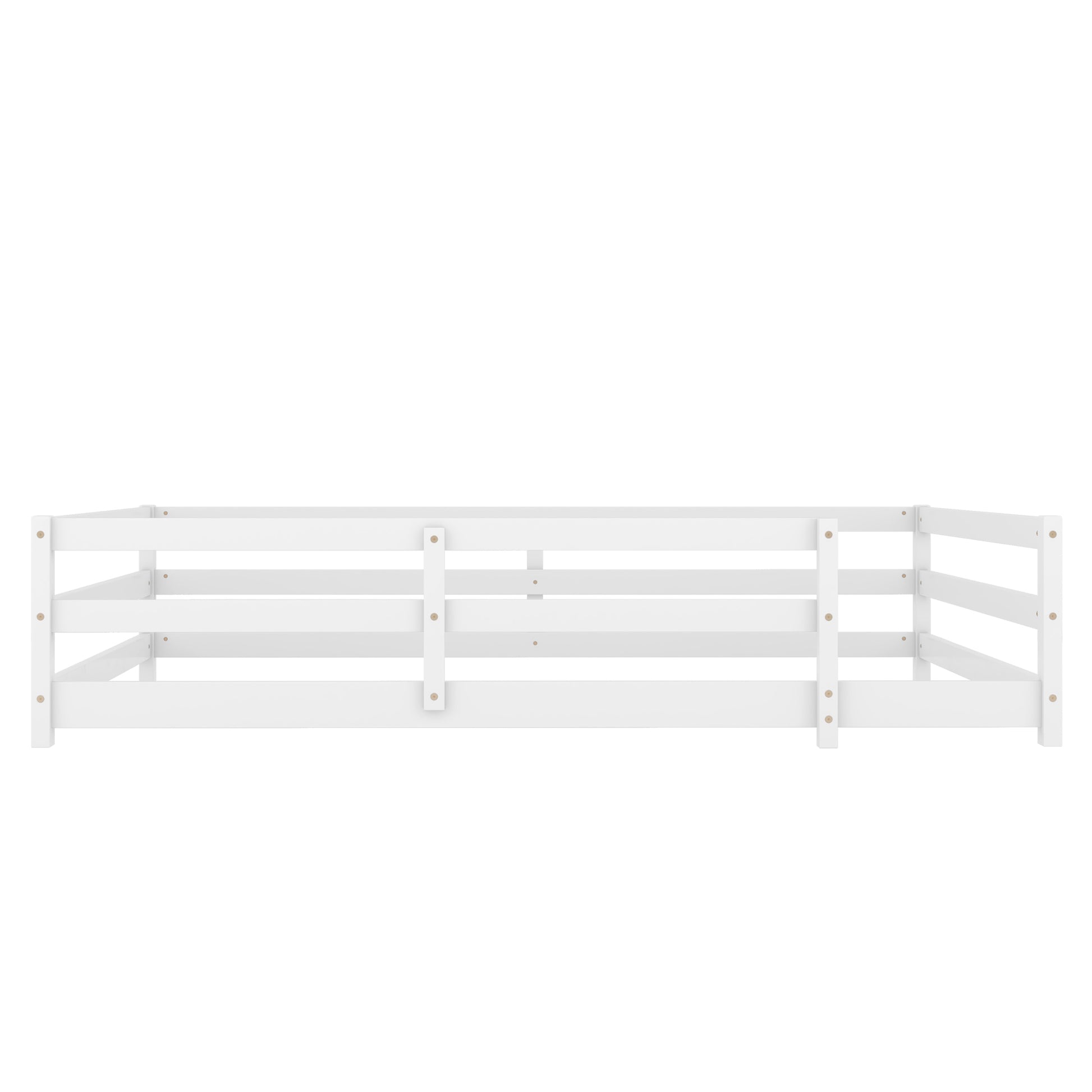 Full Size Floor Bed, Montessori Floor Bed With Fence, Kids Montessori Bed Full Size, Wood Montessori Floor Bed For Kids, Girls, Boys White White Wood Metal