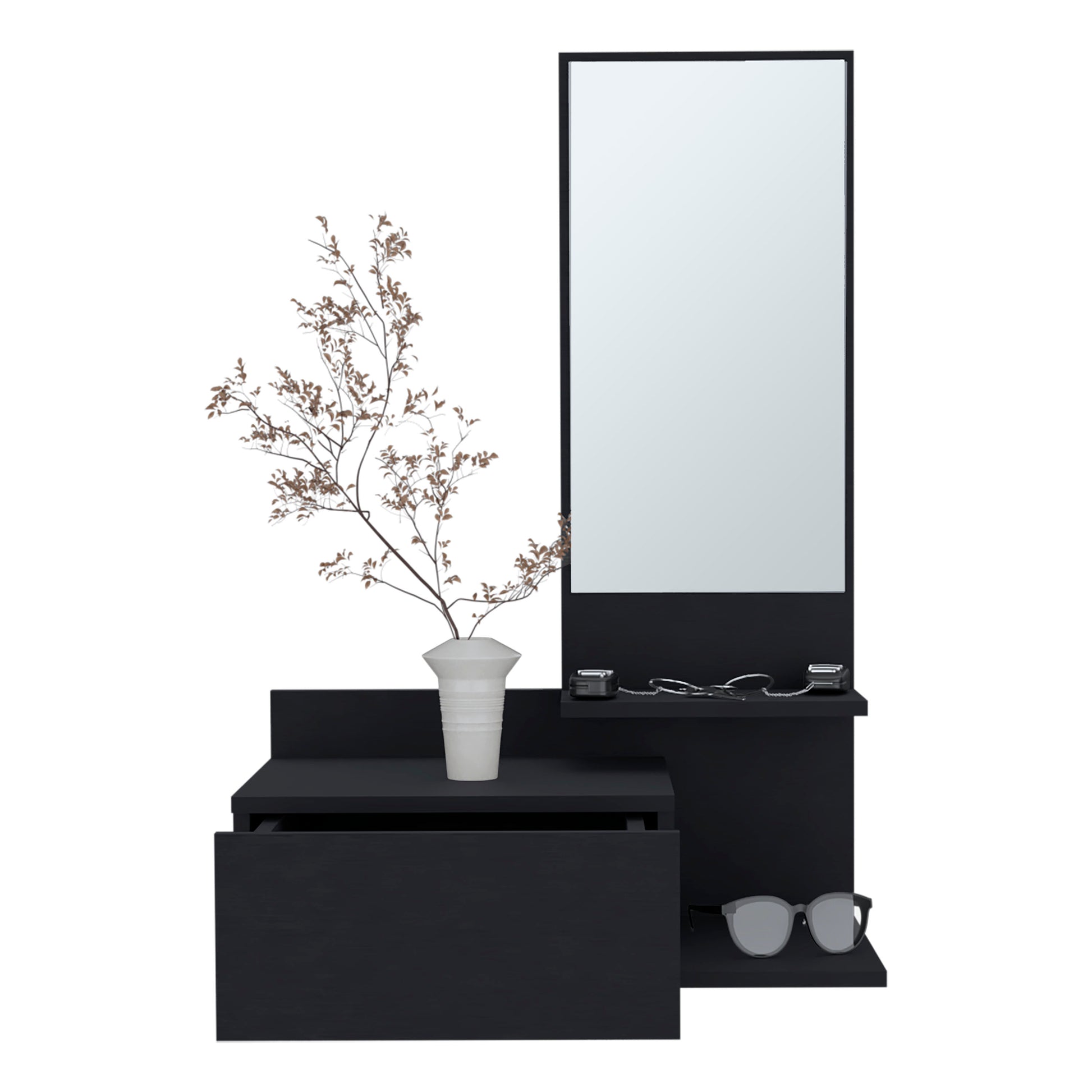 Vienna 23.6" Wide 3 Tier Shelf Floating Mirror Console Table, Full Extension Drawer Black Black Particle Board