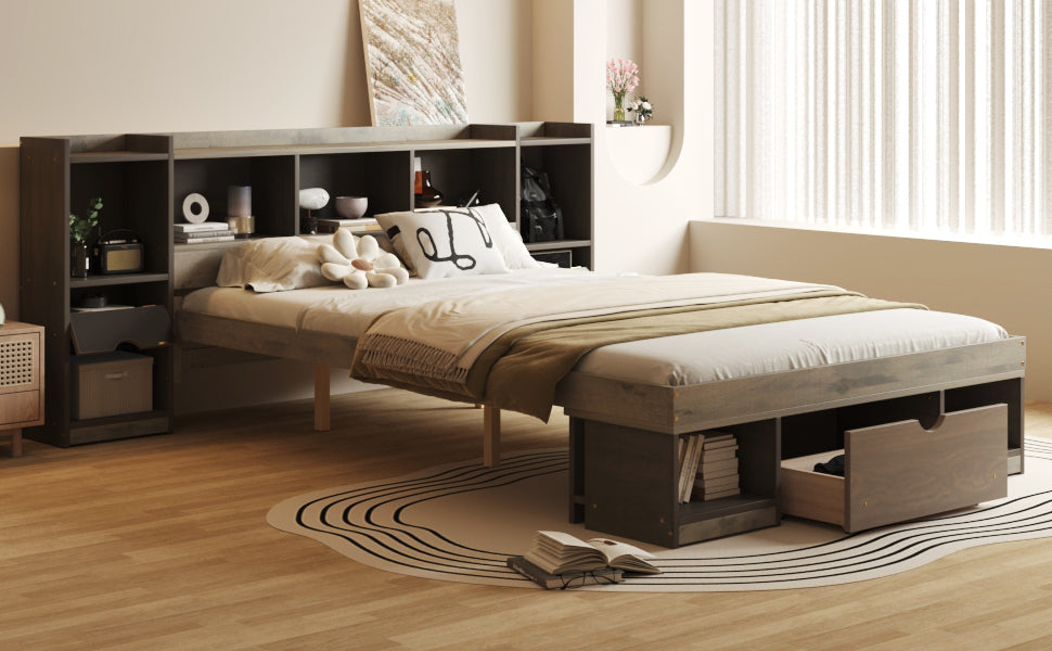 Queen Size Wood Platform Bed With Multi Storage Headboard And A Drawer, Gray Box Spring Not Required Queen Gray Wood Bedroom Bed Frame Solid Wood Mdf