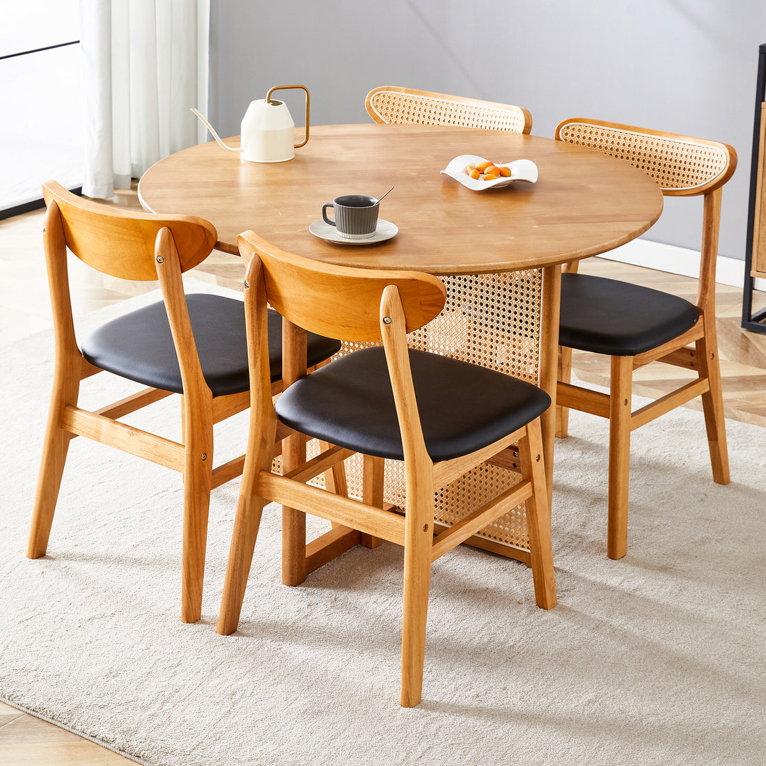 Table And Chair Set, Ancient Style Solid Wood Dining Table, Imitation Rattan Table Legs, Beautiful Simple Solid Wood Dining Chair, Perfect For Dinner, Meetings, Home And Office Decoration Wood Rubber Wood