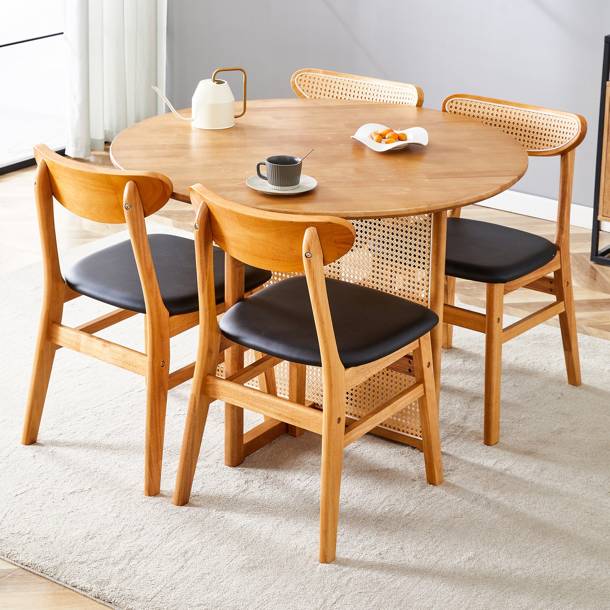 Table And Chair Set, Ancient Style Solid Wood Dining Table, Imitation Rattan Table Legs, Beautiful Simple Solid Wood Dining Chair, Perfect For Dinner, Meetings, Home And Office Decoration Wood Rubber Wood