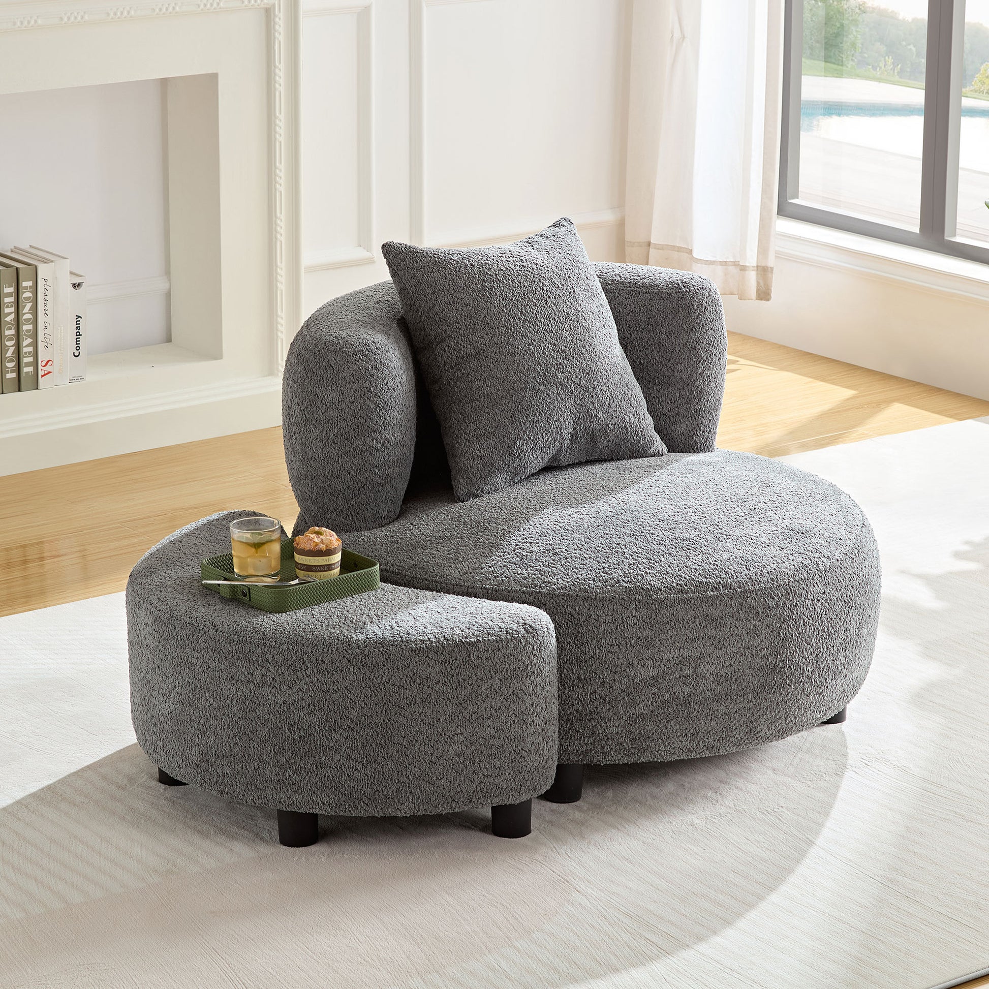 Modern Chair, Single Teddy Fabric Sofa Chair With Ottoman,Sidetable, Foot Rest Comfy Chair For Living Room Bedroom And Office,Grey Grey Foam Fabric