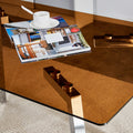 Table And Chair Set.Large Modern Rectangular Table With Brown Glass Top And Silver Metal Legs. Paired With 6 White Chairs With Checkered Armless High Back Pu Cushion And Silver Metal Legs. Silver,White Seats 6 Glass Metal