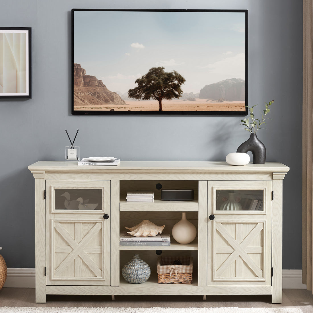 2 Doors Cabinet Farmhouse Cabinet, Farmhouse Tv Stand Barn Design,Modern Farmhouse Tv Media Stand, Large Barn Inspired Home Entertainment Console,White, 60.23"W*15.35"D*31.7"H White 60 69 Inches Mdf