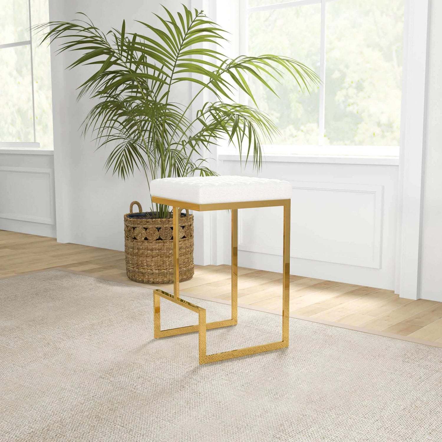 Joel Mid Century Modern Luxury Upholstered Stool Beige Fabric