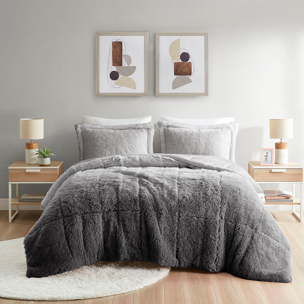 Ombre Shaggy Long Fur Comforter Mini Set Twin Grey Polyester