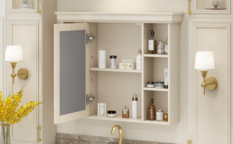 35'' X 28'' Blue Wall Mounted Bathroom Storage Cabinet With Mirror Door, Modern Bathroom Wall Cabinet With Mirror, Medicine Cabinet With 6 Open Shelves Beige Cream 1 Adjustable Shelves Wall Mounted Luxury Mdf Glass Painted