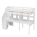 Twin Size Loft Bed Frame With Storage Staircase And Double Desks And Shelves,White Twin White Solid Wood Mdf