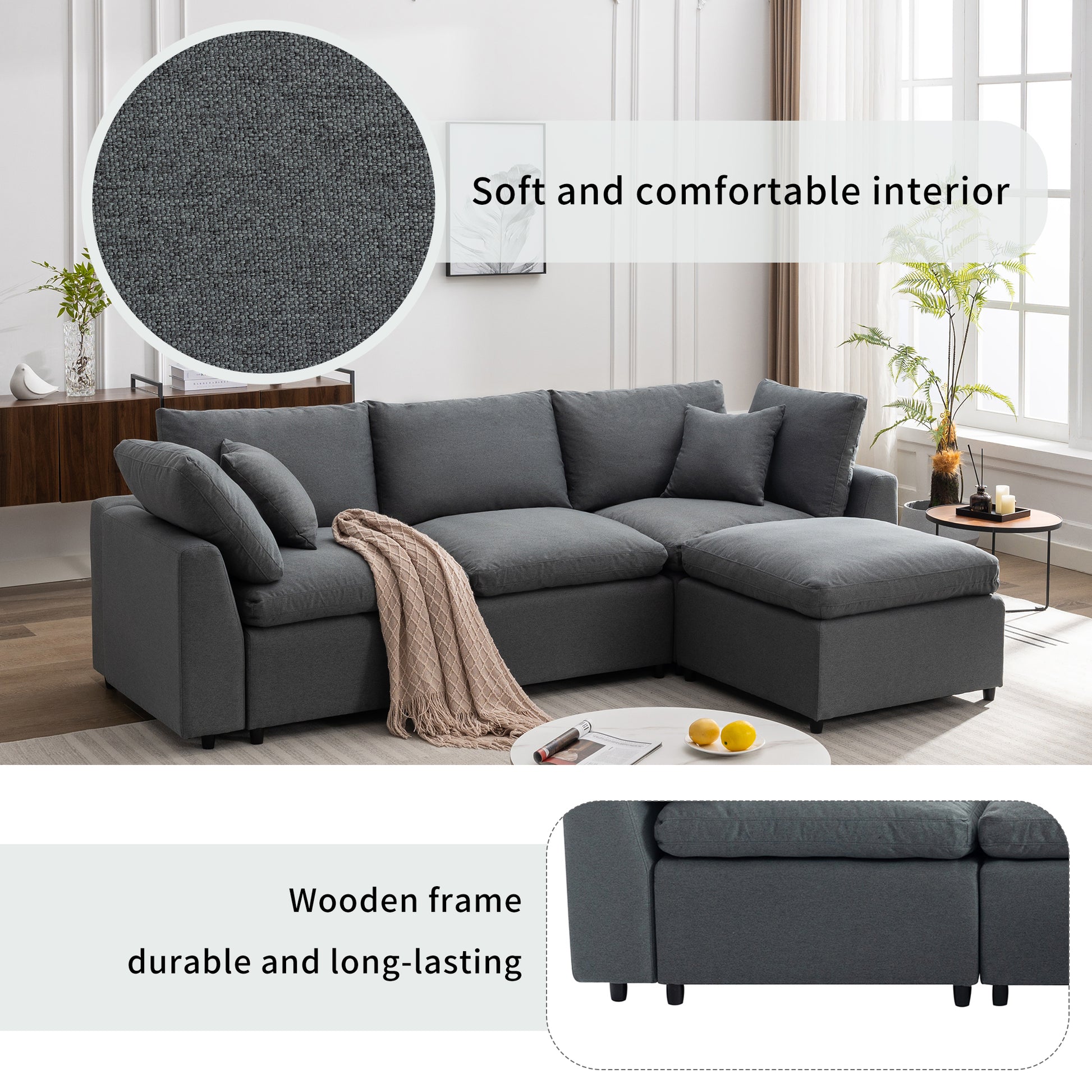 Down Filled Upholstery Convertible Sectional Sofa, L Shaped Couch With Reversible Chaise Dark Gray Polyester 4 Seat