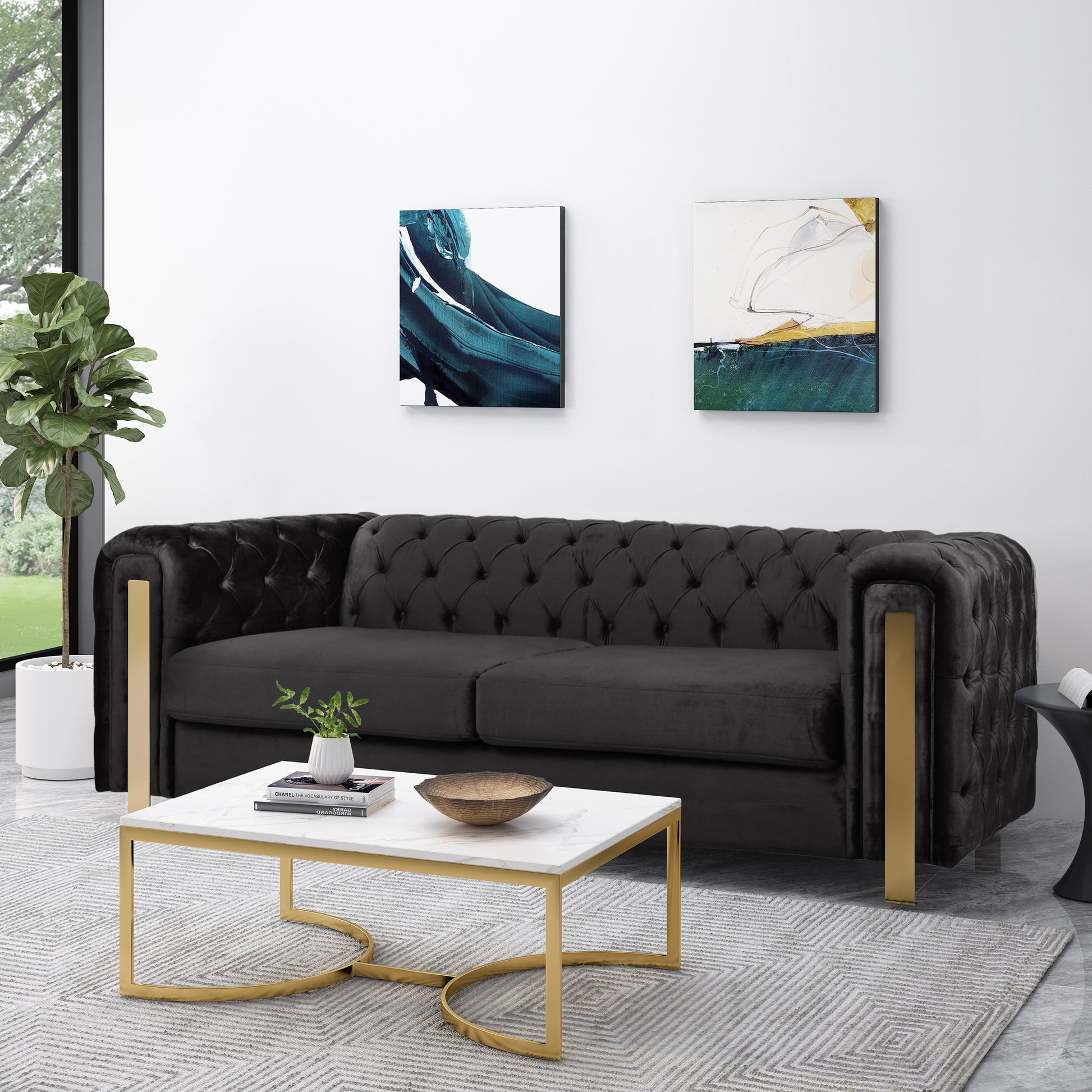 Mirod Comfy 3 Seat Sofa With Tufted Back And Arm, Modern For Living Room Black Velvet 3 Seat