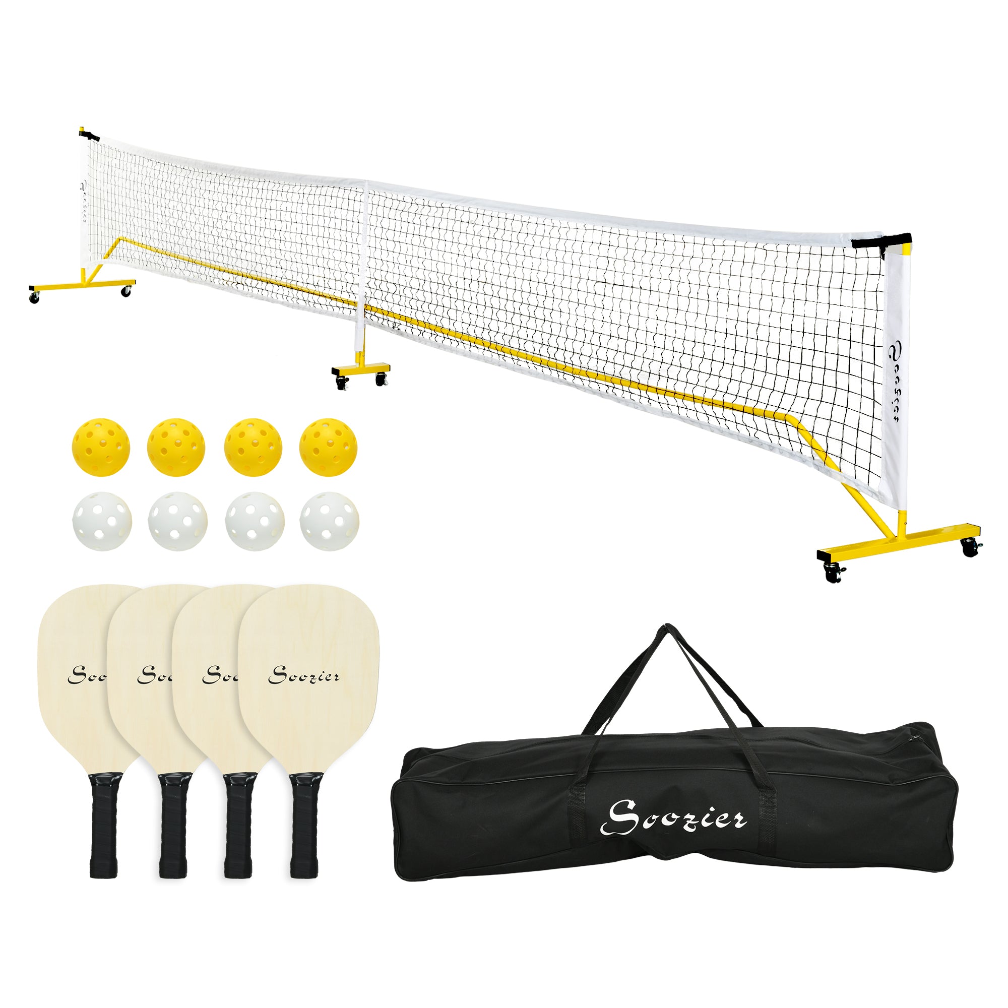 Soozier Pickleball Set With Net, Court Markers And Wheels, 22Ft Portable Pickleball Net For Driveway With 4 Pickleball Paddles, 8 Pickleballs And 1 Carry Bag Colorful Steel