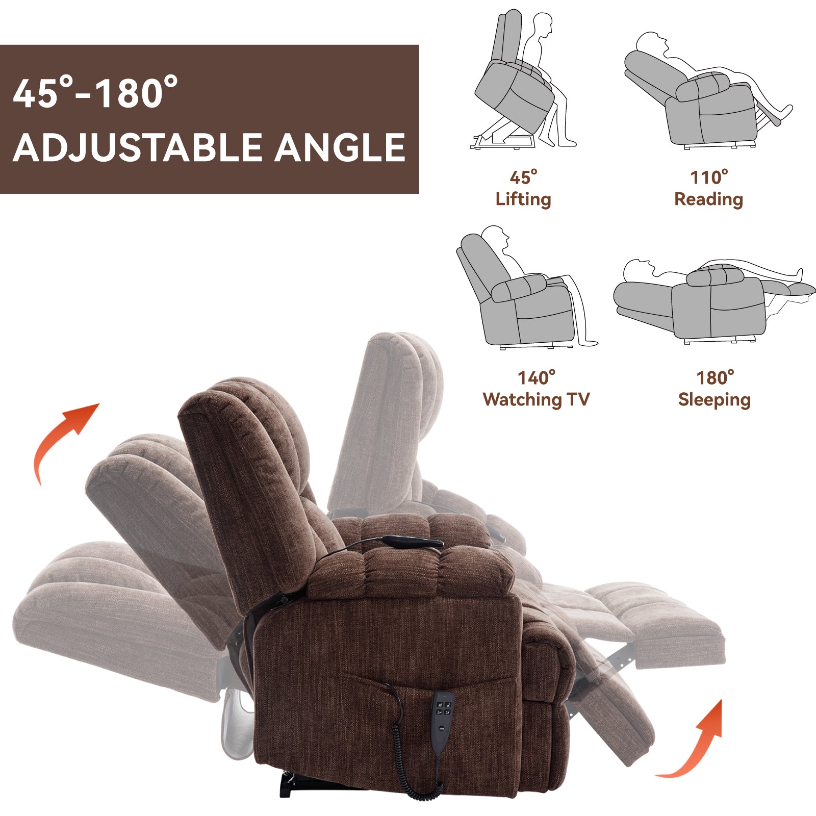 Dual Motor Heat Massage Infinite Position Up To 350 Lbs Electric Power Lift Recliners With Power Remote, Medium Firm And Heavy Duty, Brown White Metal Primary Living Space Heavy Duty Pine Brown Chenille Power Remote Medium Firm Cushion Back American