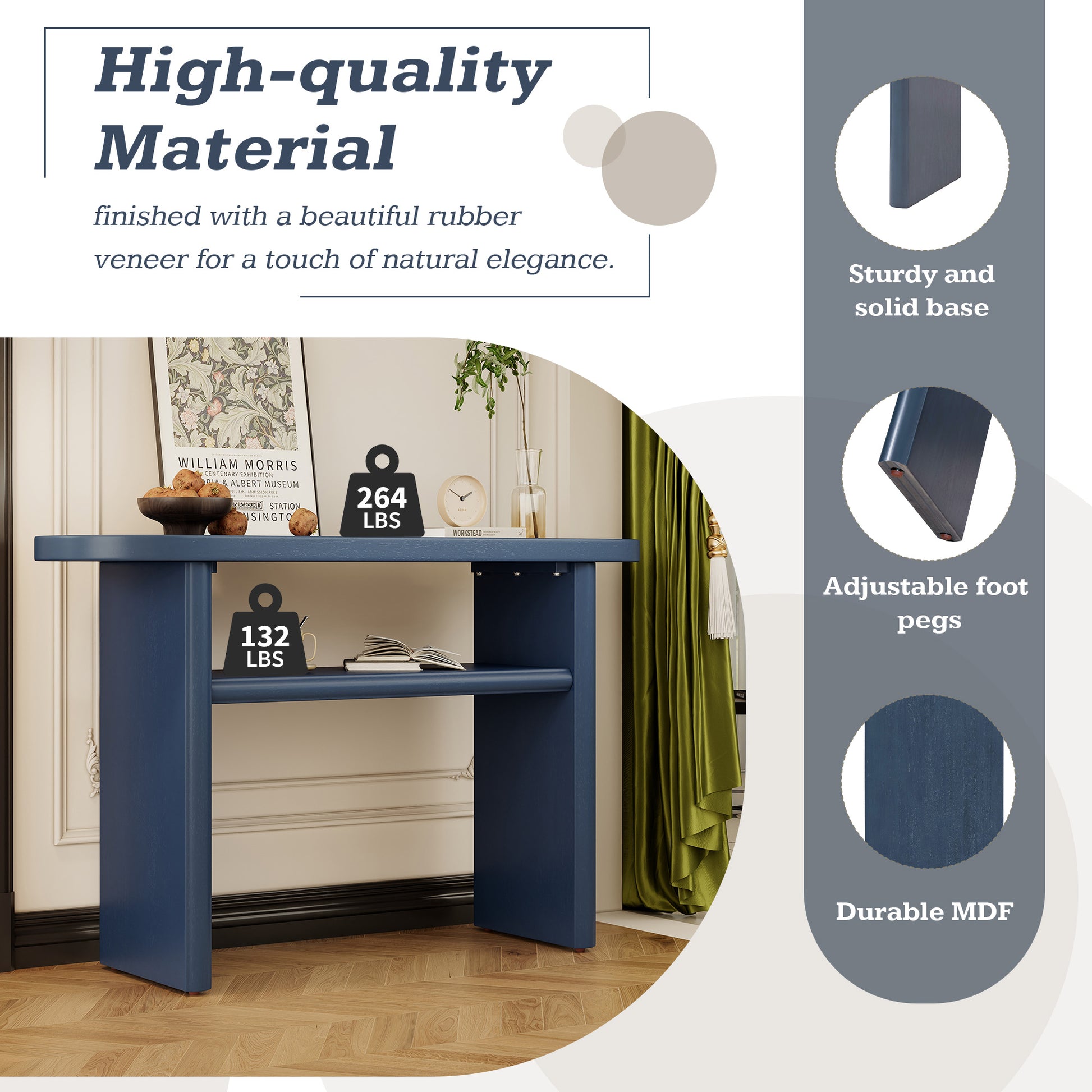 Elegant Minimalist Console Table With Rounded Edges And Sturdy Shelf Design For Entryway, Living Room Navy Navy Solid Wood Mdf