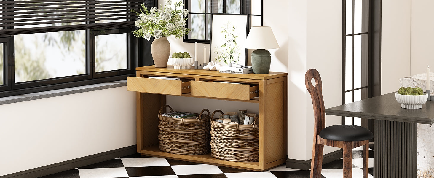 55" Console Table, Rustic Wooden Entryway Table With Storage Drawers And Open Shelf, Elegant Sofa Table For Hallway And Living Room Natural Natural Primary Living Space Mdf