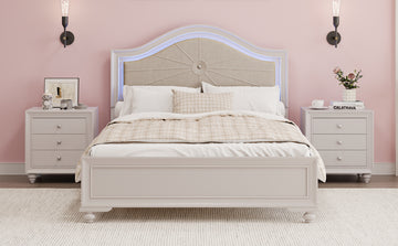 3 Pieces Bedroom Sets Queen Size Wood Bed With Hidden Led Light Upholstered Headboard 2 Nightstands, Cream Grey Queen Cream Grey 3 Piece Set Upholstered,Wood