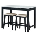 3 Piece Modern Faux Marble Versatile Bar Table Set With Storage Drawers And Padded Stools, Ideal For Space Saving Dining Nooks Or Small Kitchens Black Black Solid Wood Mdf