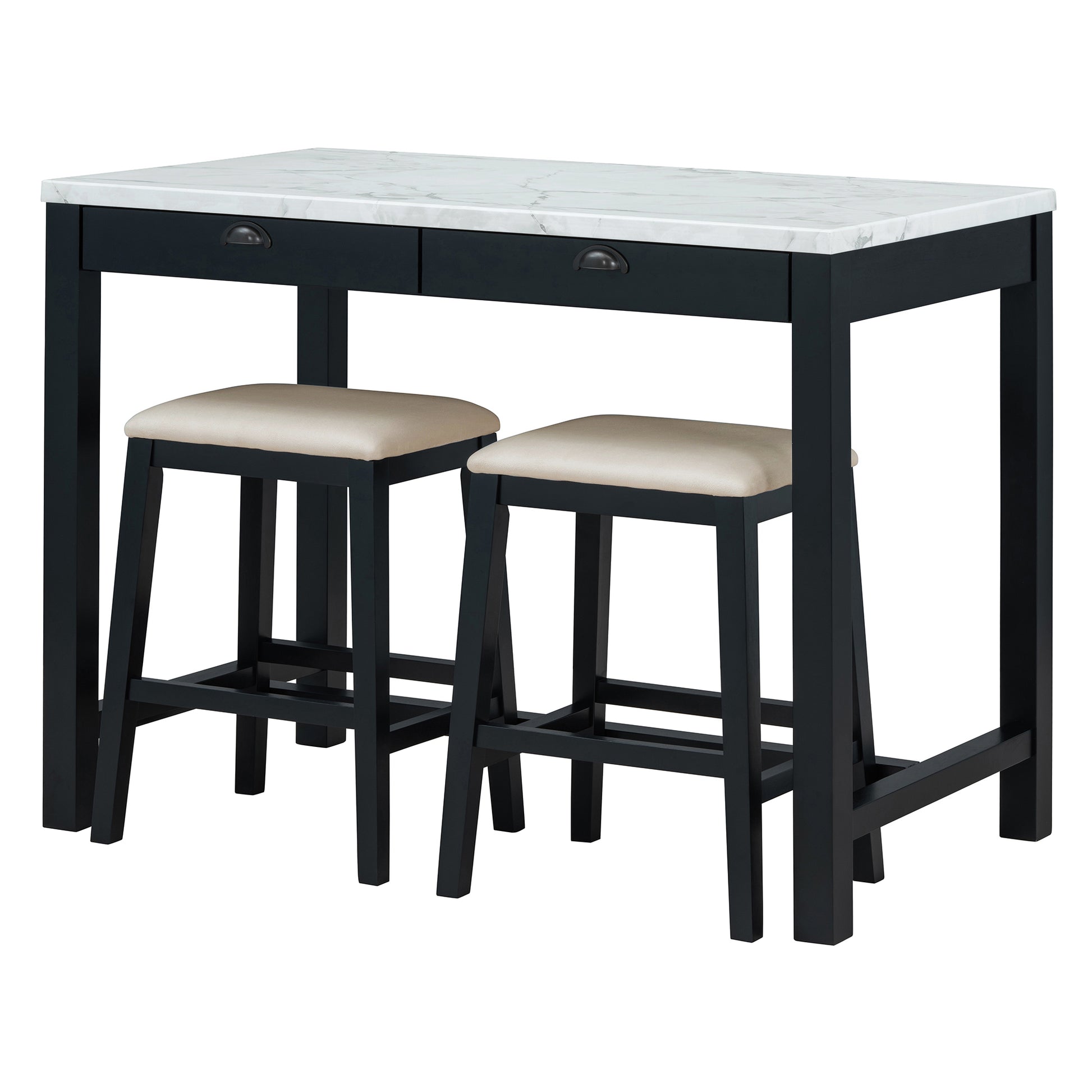 3 Piece Modern Faux Marble Versatile Bar Table Set With Storage Drawers And Padded Stools, Ideal For Space Saving Dining Nooks Or Small Kitchens Black Black Solid Wood Mdf