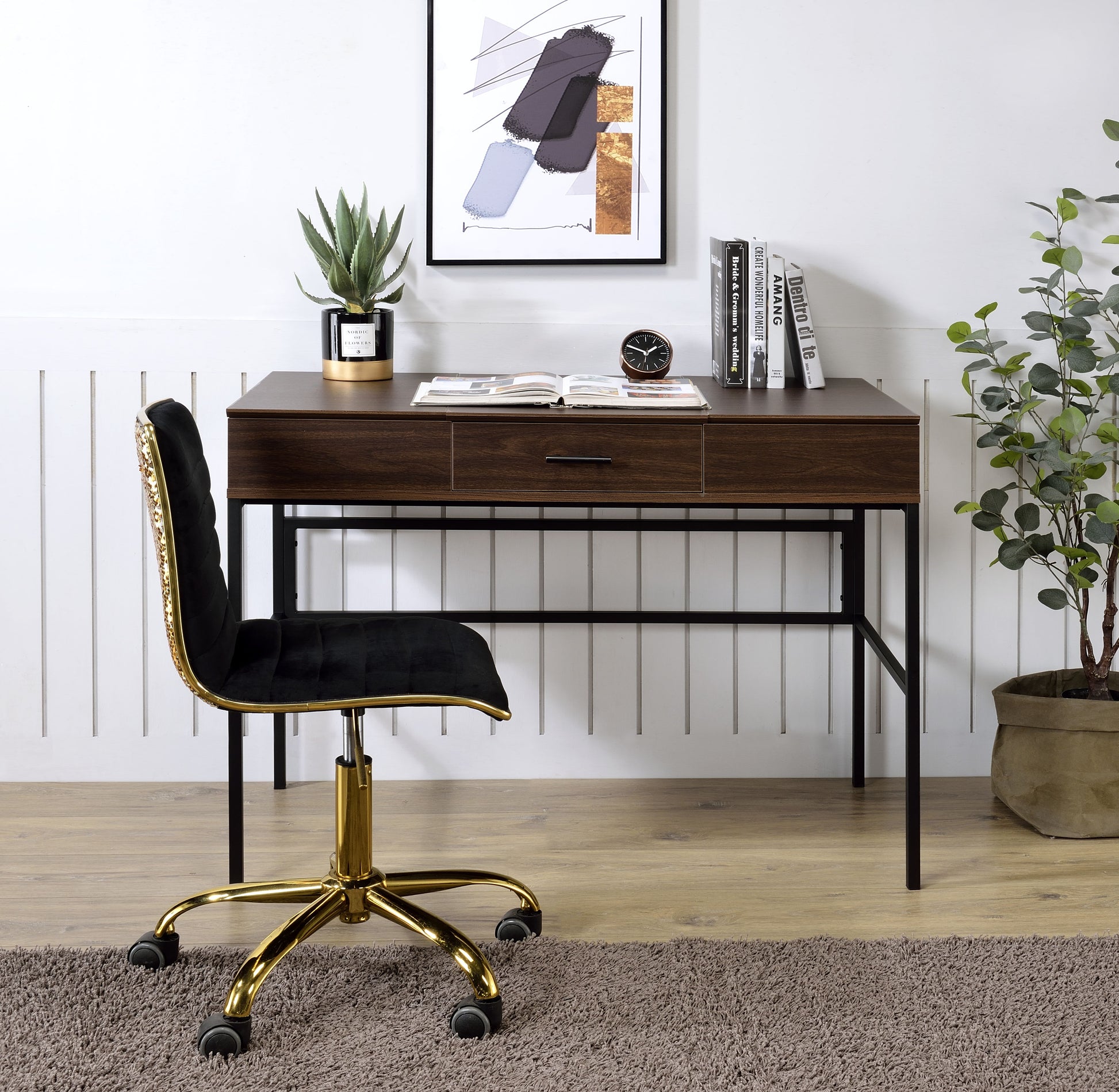 Verster Oak & Black Finish Writing Desk W Usb Black,Oak Metal,Synthetic Wood