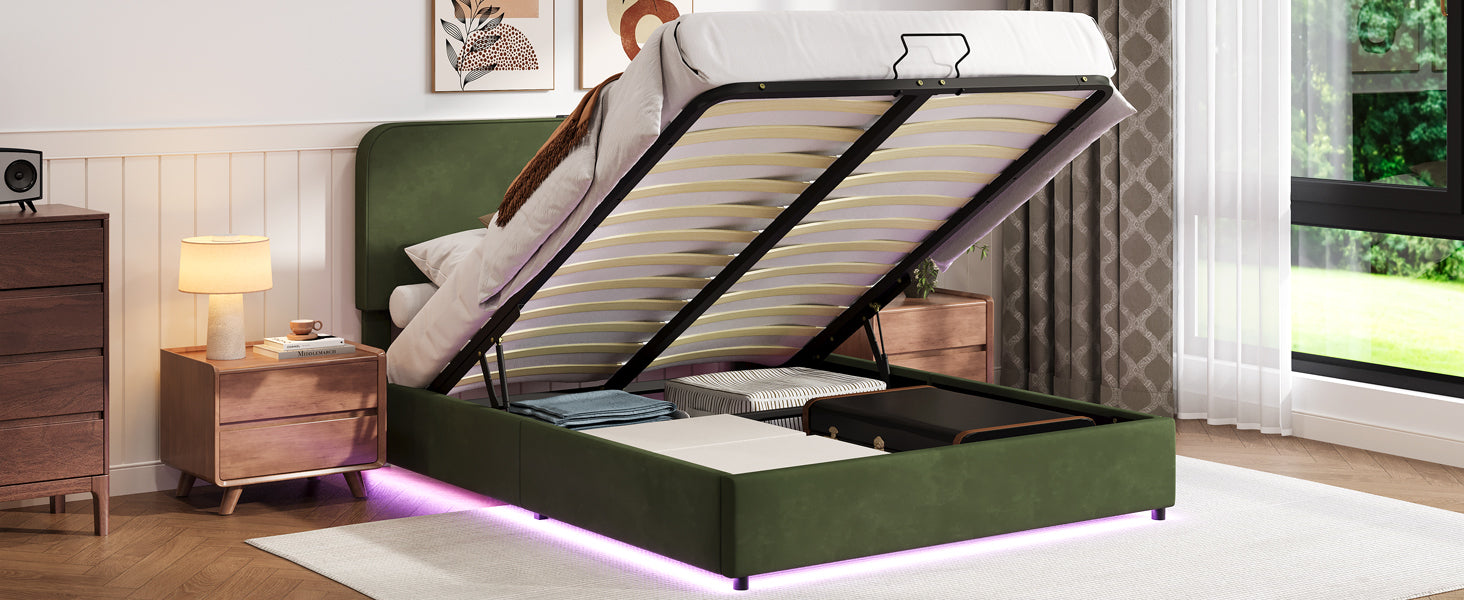 Upholstered Platform Queen Size Hydraulic Storage Bed, Lift Up Storage Bed With Rgb Led Light, Bluetooth Speaker, No Box Spring Needed, Lychee Velvet, Green Queen Green Velvet Fabric Metal