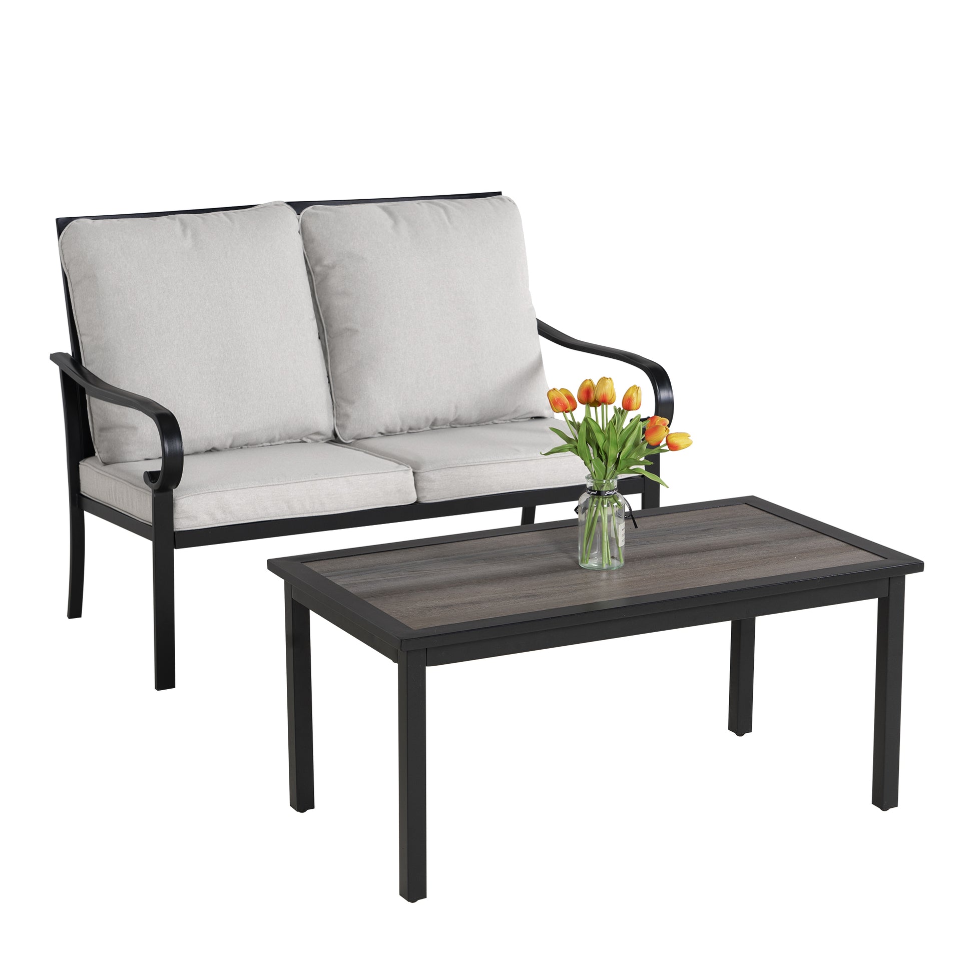 2 Piece Patio Loveseat Sofa With Coffee Table, Outdoor Conversation Sofa Set Yes Sectional Black Grey Mildew Resistant Frame Fade Resistant Cushion Garden & Outdoor American Design Polyethylene Iron