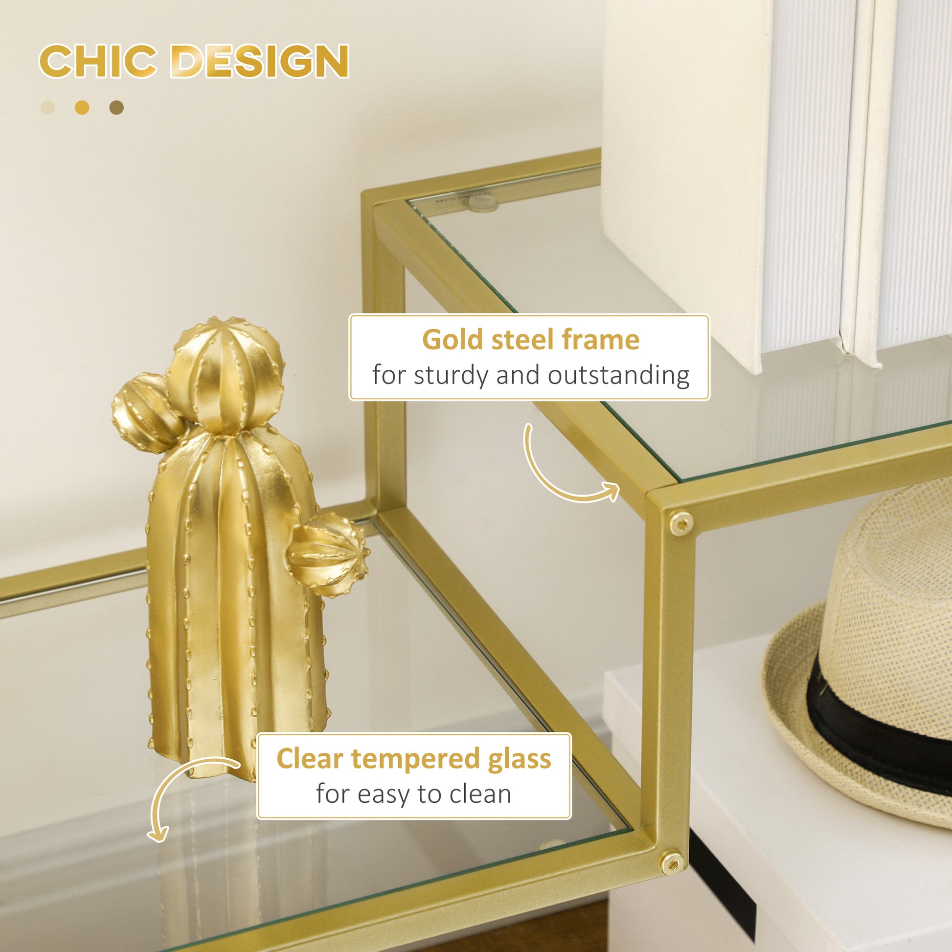 Homcom Gold Console Table, 39" Tempered Glass Behind Sofa Table, Narrow Entryway Table With Storage Shelves, Steel Frame For Living Room Furniture, Hallway Furniture, Glass Table Gold Glass Metal
