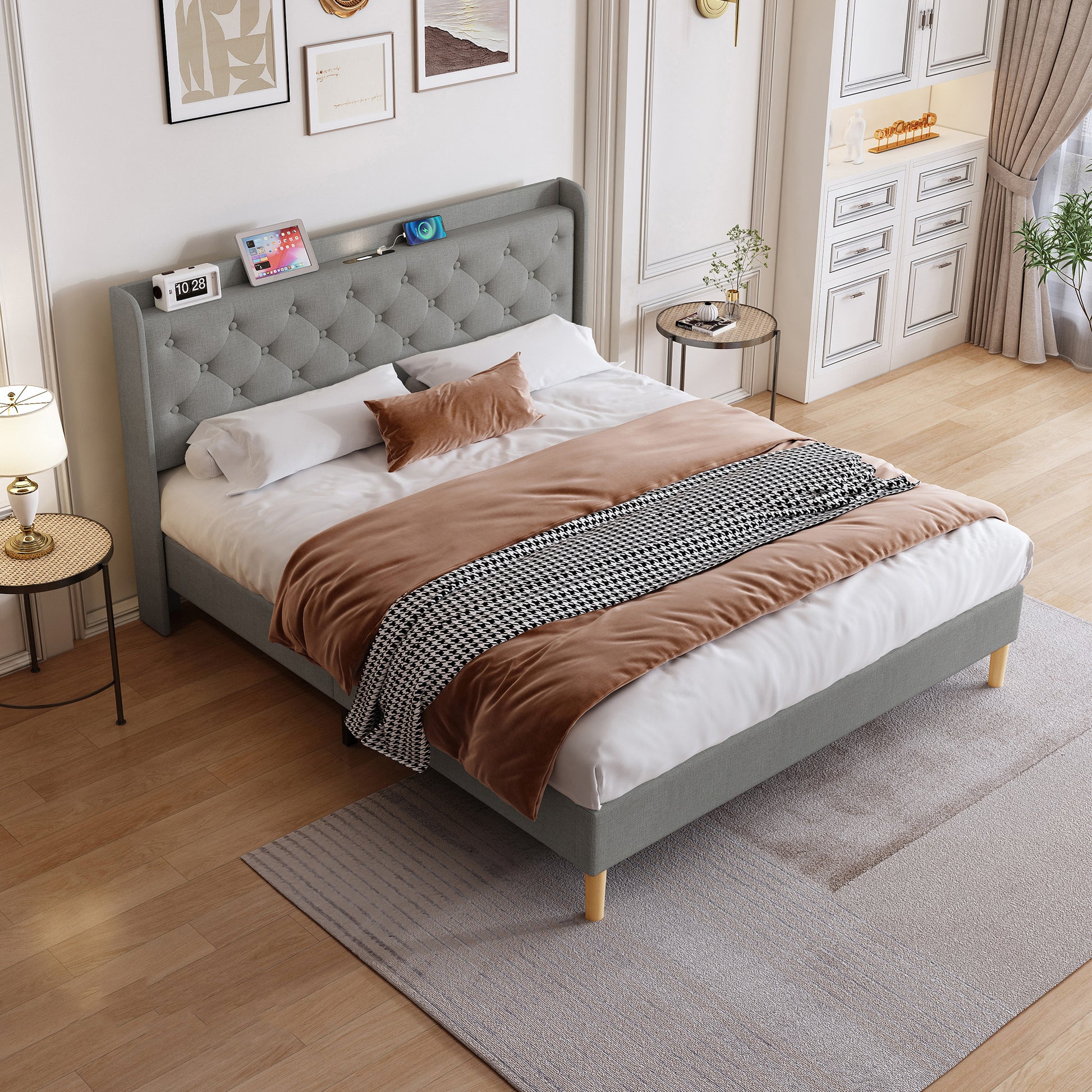 Queen Size Bed, Mesh Backboard Beautiful, With Led Lights, Cotton And Linen Fabric, Frame Stability, Easy To Assemble,Dark Gray Queen Dark Gray Mdf Acacia