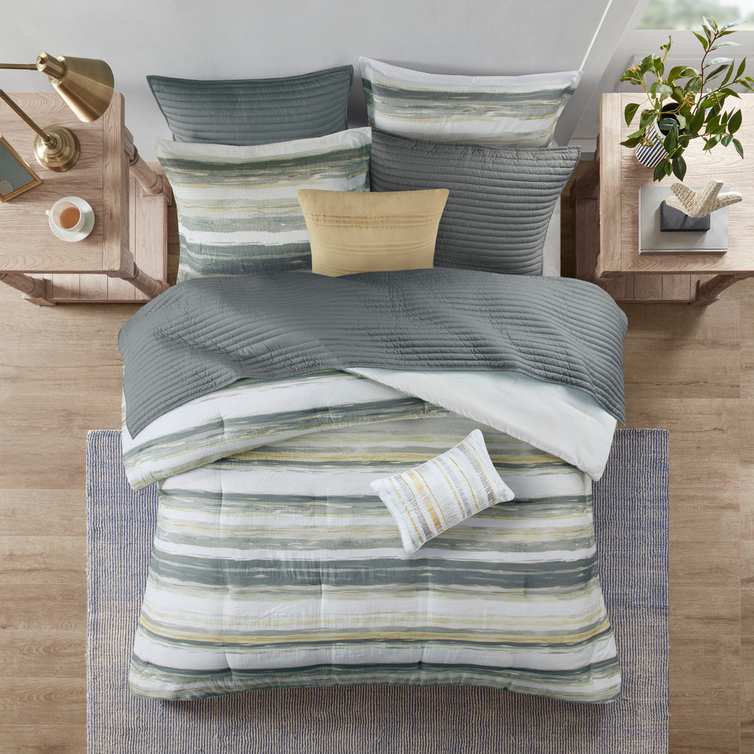 8 Piece Printed Seersucker Comforter And Quilt Set Collection Yellow Full Queen Full Yellow Polyester