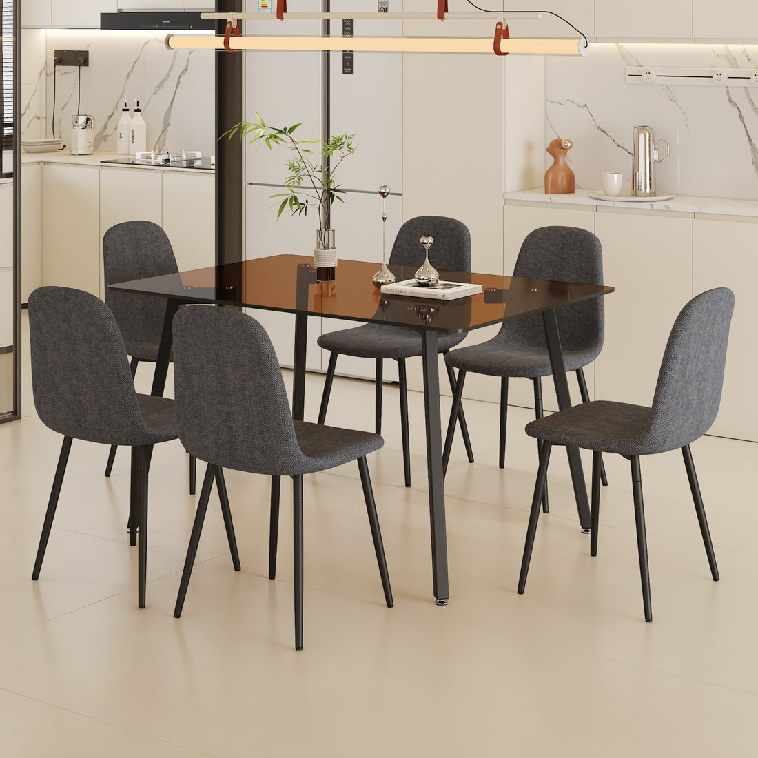 Table And Chair Set.Large Modern Rectangular Table With Brown Glass Top And Silver Metal Legs. Paired With 6 Dark Gray Chairs With Soft Linen Fabric Cushions And Black Metal Legs. Dark Gray,Silver Seats 6 Glass Metal